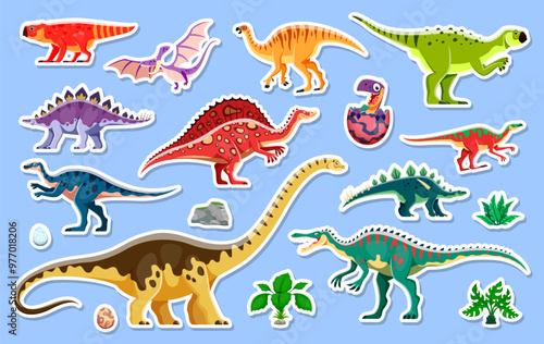 Dinosaur characters stickers pack. Vector patches set with colorful dino species, eggs, rocks and plants. Prehistoric reptile creatures adhesive decorative decals for school children fun and education