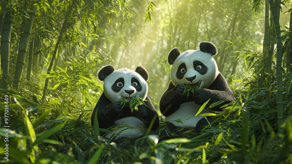 A pair of giant pandas sitting in a lush bamboo forest, eating bamboo shoots A pair of giant pandas sitting in a lush bamboo forest, eating bamboo shoots
