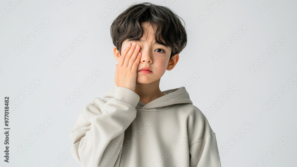 A young boy playfully covering his eye with a hand, wearing a casual hoodie in a minimalistic setting. A young boy playfully covering his eye with a hand, wearing a casual hoodie in a minimalistic setting.