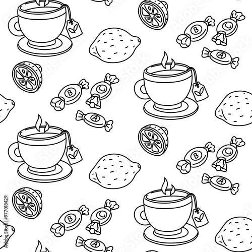 Seamless pattern with doodle elements for the treatment of flu and colds. mug of tea, lemon, vitamins in sweets, a virus. Cold treatment. hand-drawn background for your design dedicated to healthcare.
