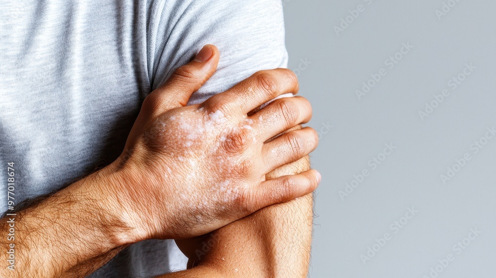 Fototapeta premium Close-up of a man's hand on his arm, showing skin irritation and dryness, highlighting health and personal care.