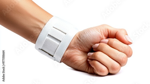 Close-up of a hand wearing a white wrist brace, symbolizing support and recovery from injury.