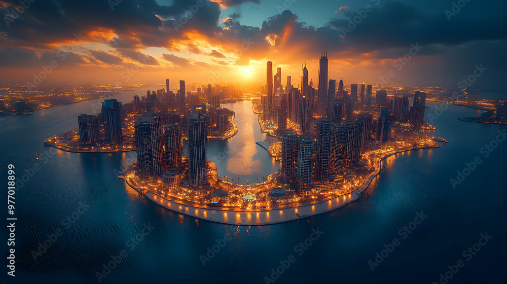 Fototapeta premium An aerial view of a modern city skyline at sunset, with the sun setting behind the skyscrapers and illuminating the water below.