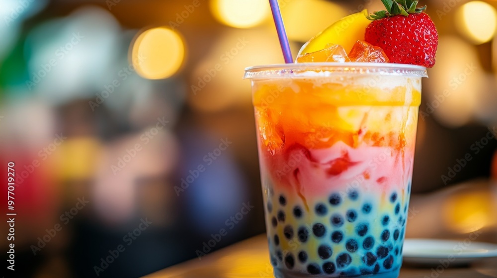A close-up of a bubble tea cup with a colorful swirl of layers, including tea, milk, and pearls, topped with a vibrant fruit slice and a straw. A close-up of a bubble tea cup with a colorful swirl of layers, including tea, milk, and pearls, topped with a vibrant fruit slice and a straw.