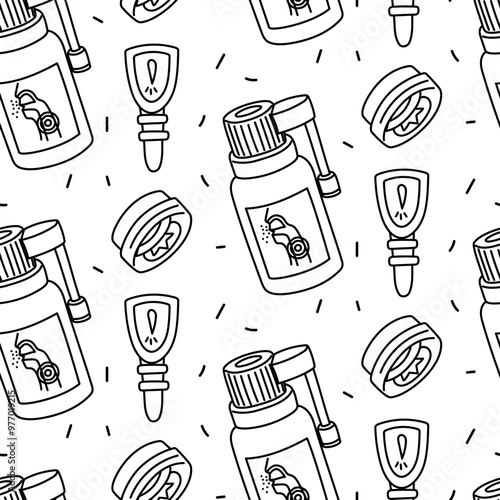 Seamless pattern with doodle elements for the treatment of flu and colds. Nasal spray, throat spray, nasal ointment. Cold treatment. A hand-drawn background for your design dedicated to healthcare