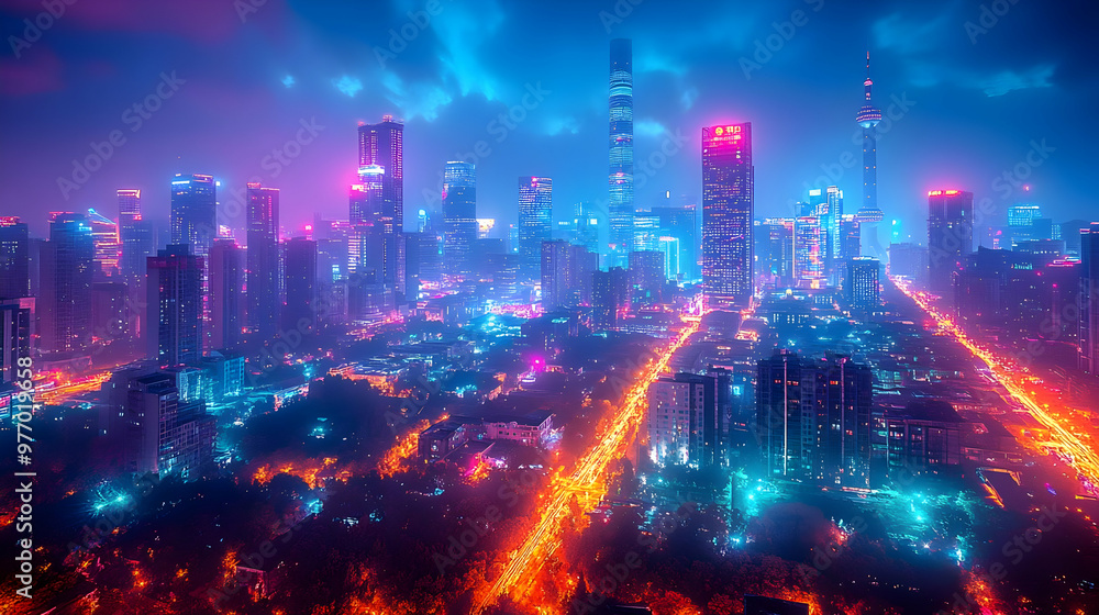 An aerial view of a vibrant cityscape at night, with neon lights reflecting on the streets and buildings. An aerial view of a vibrant cityscape at night, with neon lights reflecting on the streets and buildings.