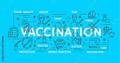 Vaccination line icons for healthcare, vaccine medicine and health protection, vector pictograms. Vaccination line icons for health immunization, medical syringe or injection needle, doctor and virus