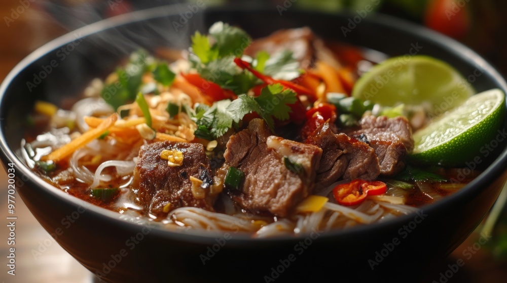 A close-up of a bowl of steaming Thai noodle soup with tender slices of meat, fresh herbs, and vibrant vegetables, garnished with lime and chili. A close-up of a bowl of steaming Thai noodle soup with tender slices of meat, fresh herbs, and vibrant vegetables, garnished with lime and chili.