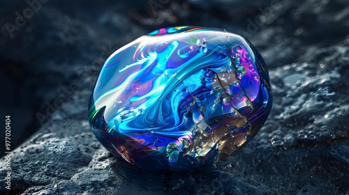A mesmerizing, iridescent gemstone with swirling hues of turquoise and purple, its design embodying sophistication and allure against a deep, dark background.