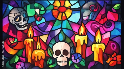 Creepy yet colorful stained glass design for Halloween, with skulls, candles, and spooky icons.