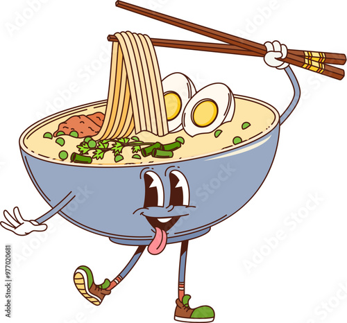 Cartoon retro groovy ramen noodles character with eggs and chopsticks, vector comic. Japanese cuisine groovy ramen noodles bowl with happy face and funky yummy tongue smile for Japanese cartoon food