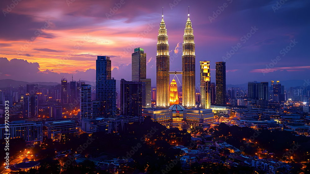 Obraz premium An aerial view of the Petronas Towers in Kuala Lumpur, Malaysia at dusk, with the city skyline illuminated in the background.
