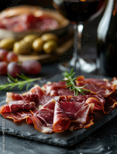 close up of Jamon Iberico on dark slate with rosemary garnish, Spanish cuisine