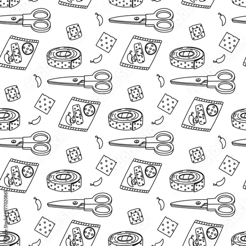 doodle patches pattern. scraps, a roll, piece, pack of adhesive tape, scissors. Elements with a breathable surface. an insulating strip to cover scratches. We cut off a strip of fabric with scissors