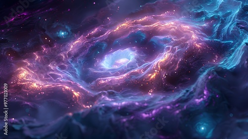 A mesmerizing, iridescent emoji with swirling hues of turquoise and purple, its design embodying sophistication and allure against a deep, dark background. 