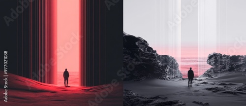 Split-screen layout with light and dark contrasting themes, showcasing a minimalist aesthetic on one side and an intricate, detailed design on the other for visual impact photo