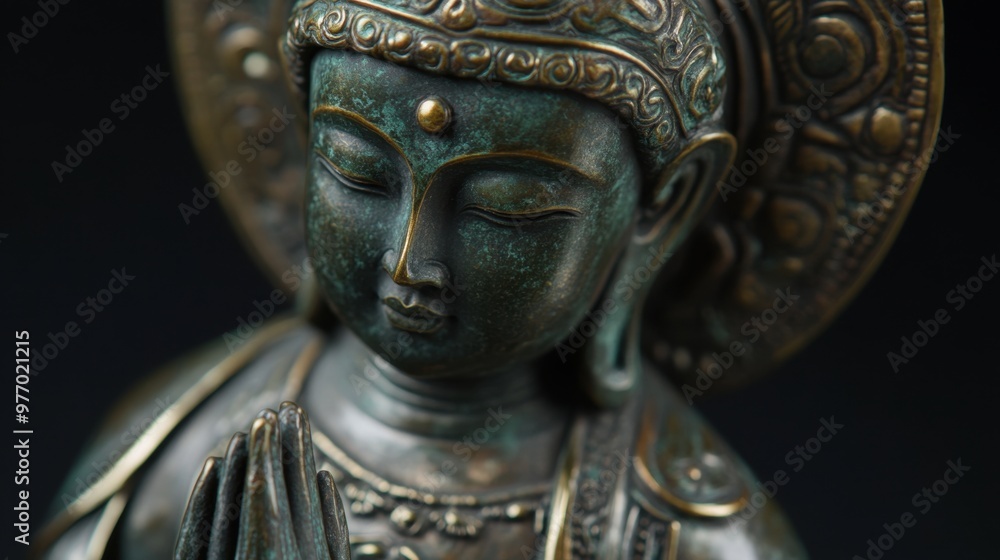 Obraz premium Detailed view of a bronze spiritual figure, showcasing artistic craftsmanship and deep spiritual meaning.