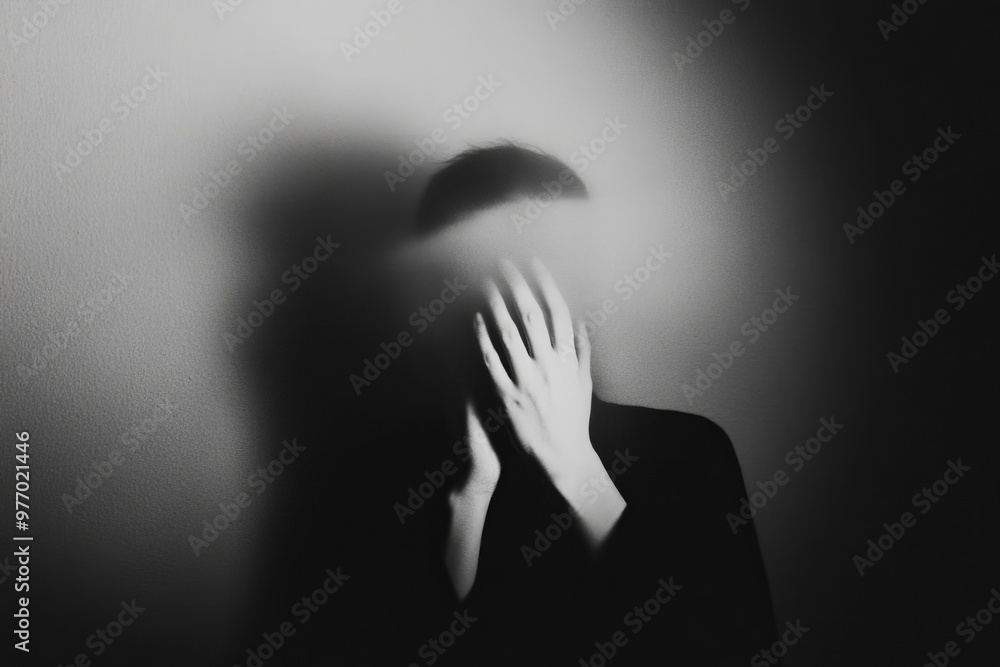 The image shows a blurred, hooded figure holding his head while looking down. The image shows a blurred, hooded figure holding his head while looking down.