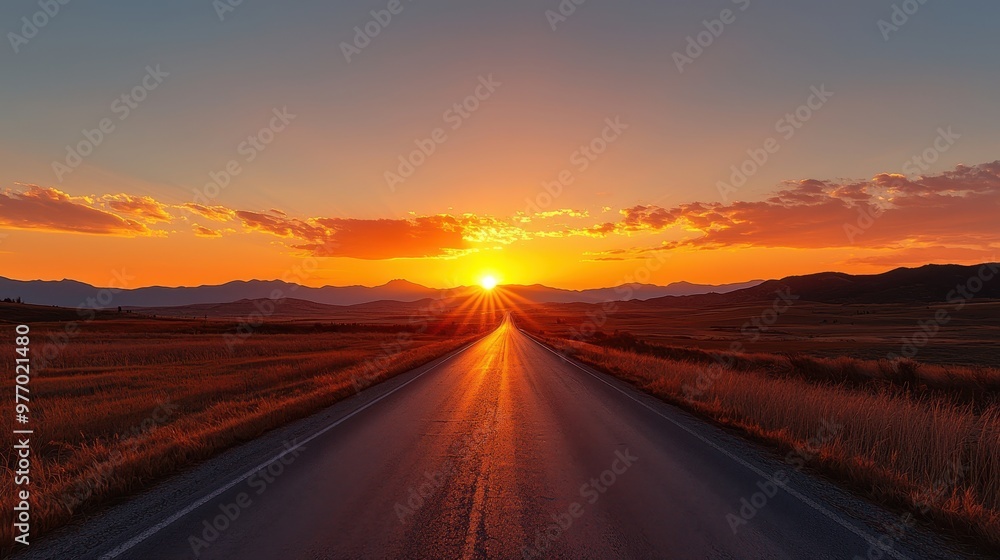 Scenic Road Towards Sunrise with Mountain Range Scenic Road Towards Sunrise with Mountain Range