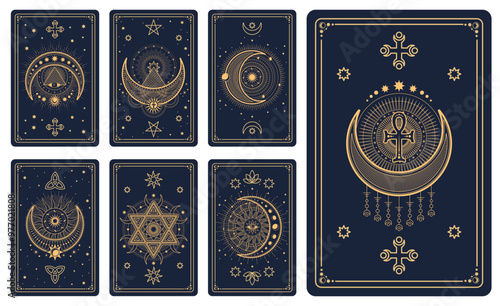 Magic occult Tarot cards with esoteric symbols for astrology and fortune telling, vector reverse decks. Tarot cards mystic magic signs of sun and moon, Ankh cross with mason pyramid and pentagrams