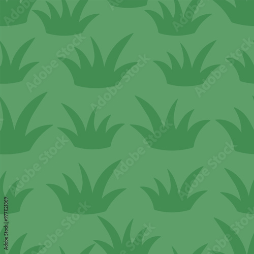 Green grass. Bushes. Repeating vector pattern. Isolated green background. Endless summer ornament of vegetation for lawn. Flat style. Idea for web design, wallpaper.