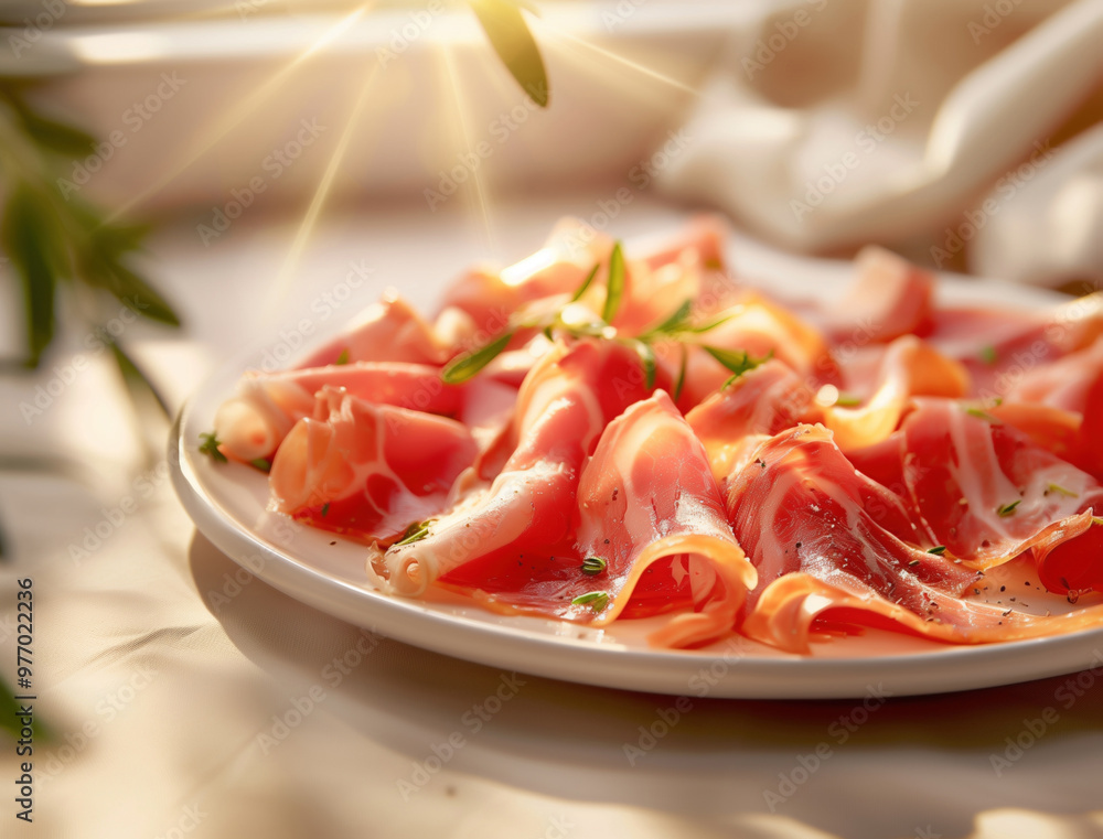 Rustic food photography of Jamon Iberico slices on a wooden plate, traditional Spanish cuisine Rustic food photography of Jamon Iberico slices on a wooden plate, traditional Spanish cuisine