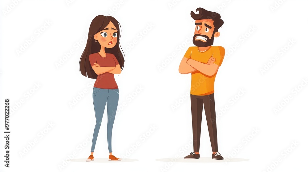 Characters caught in a toxic relationship, showing emotions of both love and hatred, with conflicting body language and gestures, white background Characters caught in a toxic relationship, showing emotions of both love and hatred, with conflicting body language and gestures, white background