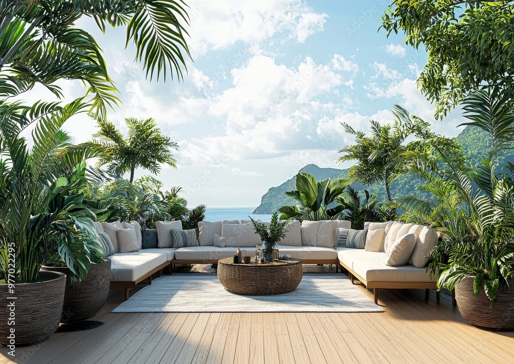 Fototapeta premium The terrace has large wooden floors, glass railings, rattan and fabric furniture, decorated with a big tree pot, and a panoramic view of the sea.