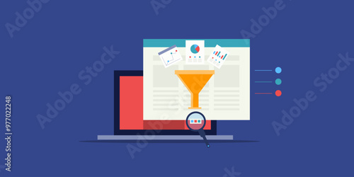 Data collection from online survey, web browsing and customer purchase history, information analysis, digital funnel to organise data for decision making, vector illustration.
