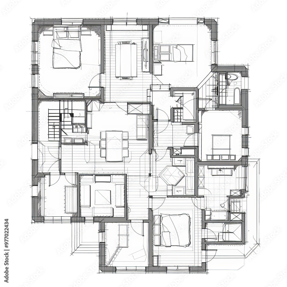 Black and white architectural floor plan of a modern and stylish apartment Black and white architectural floor plan of a modern and stylish apartment