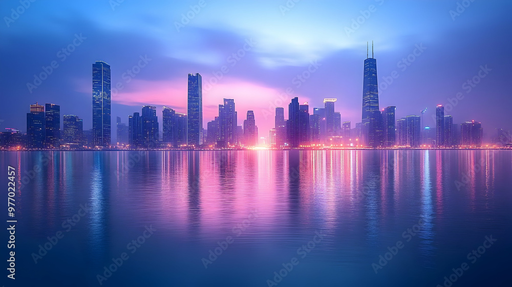 Obraz premium Cityscape with skyscrapers reflected in water at dawn.