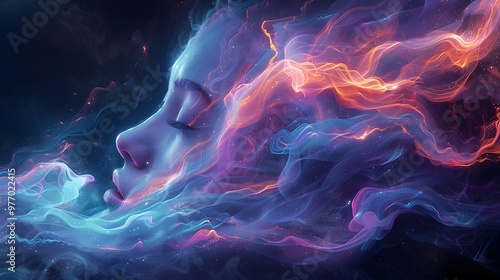 A mesmerizing, iridescent emoji with swirling hues of turquoise and purple, its design embodying sophistication and allure against a deep, dark background. 