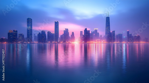 Cityscape with skyscrapers reflected in water at dawn.