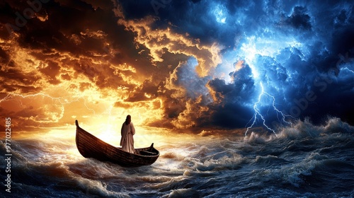 Jesus in a Boat on a Stormy Sea with Lightning and Dramatic Clouds