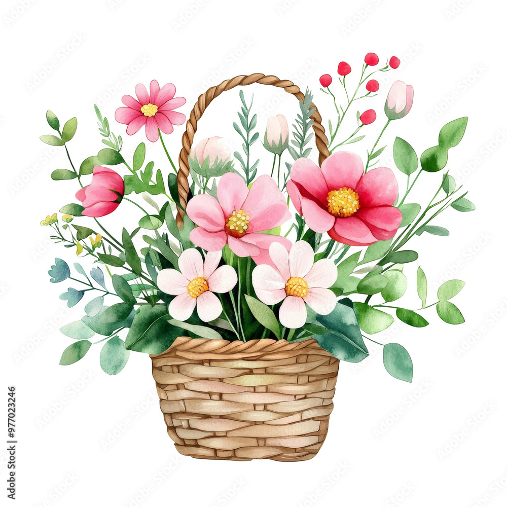 Beautiful flower bouquet in woven basket with vibrant blossoms Beautiful flower bouquet in woven basket with vibrant blossoms
