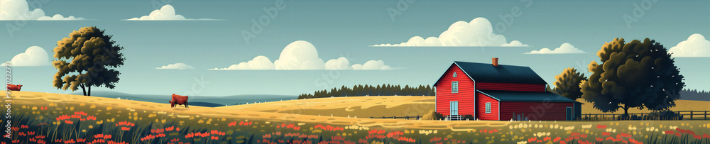 Red barn sits on rolling hills in a peaceful countryside, with cows grazing nearby, surrounded by wildflowers and large trees. Generative ai raster illustration. Pop art comic book style imitation Red barn sits on rolling hills in a peaceful countryside, with cows grazing nearby, surrounded by wildflowers and large trees. Generative ai raster illustration. Pop art comic book style imitation