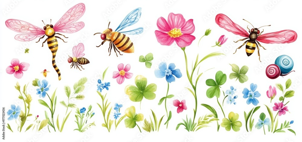 Freesia, bumblebee, bee, dragonfly, meadow bumblebee elements. Meadow countryside nature realistic element set. Freesia, bumblebee, bee, dragonfly, meadow bumblebee elements. Meadow countryside nature realistic element set.