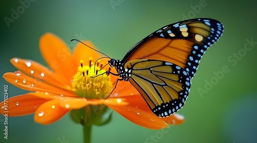 A beautiful butterfly perched delicately on a vibrant orange flower, showcasing nature's elegance and intricate details. photo