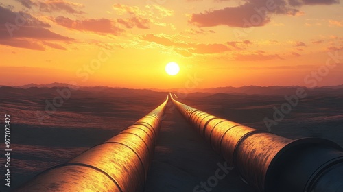 Expansive oil pipeline cutting through the desert at sunset, creating a powerful contrast between technology and nature.