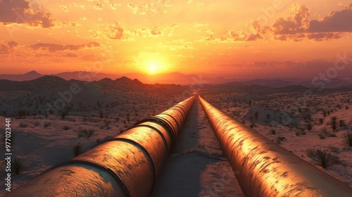 Expansive oil pipeline cutting through the desert at sunset, creating a powerful contrast between technology and nature.