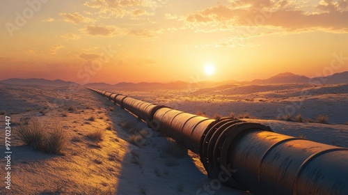 Expansive oil pipeline cutting through the desert at sunset, creating a powerful contrast between technology and nature.
