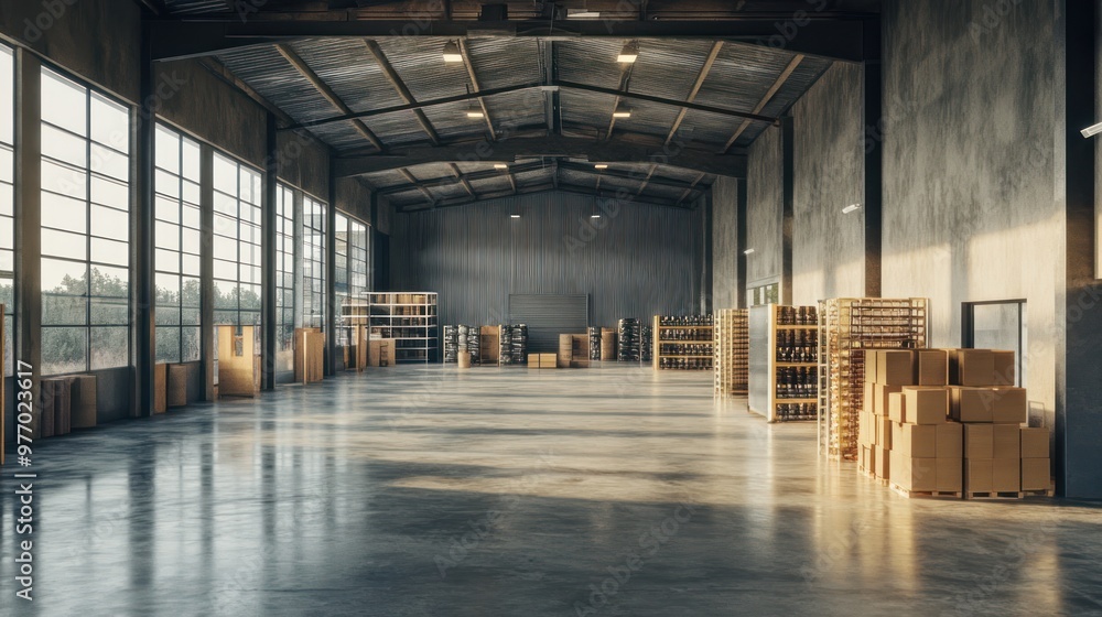 Obraz premium Empty Warehouse with Storage Shelves and Cardboard Boxes