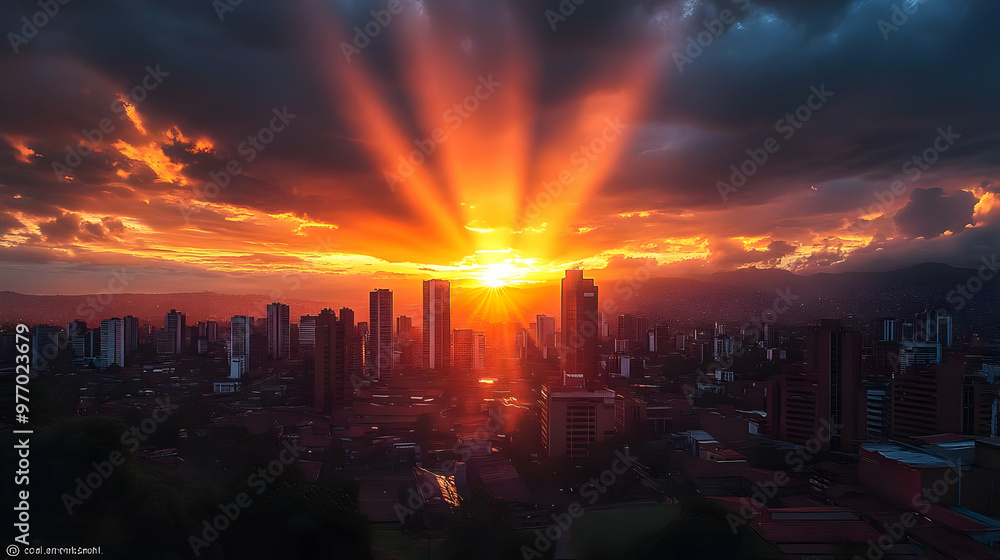 Dramatic sunset over a city skyline with sun rays breaking through the clouds. Dramatic sunset over a city skyline with sun rays breaking through the clouds.