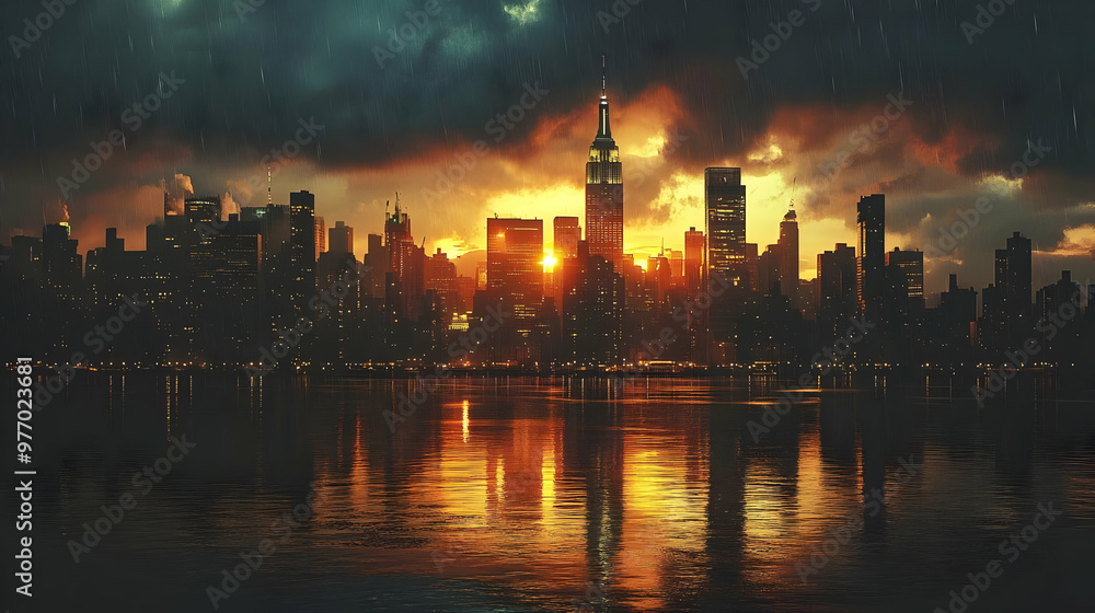 Naklejka premium Dramatic sunset over a city skyline with rain falling.