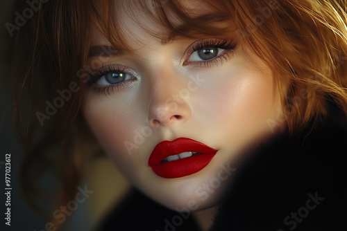 Portrait of beautiful young woman with red lips and evening make-up