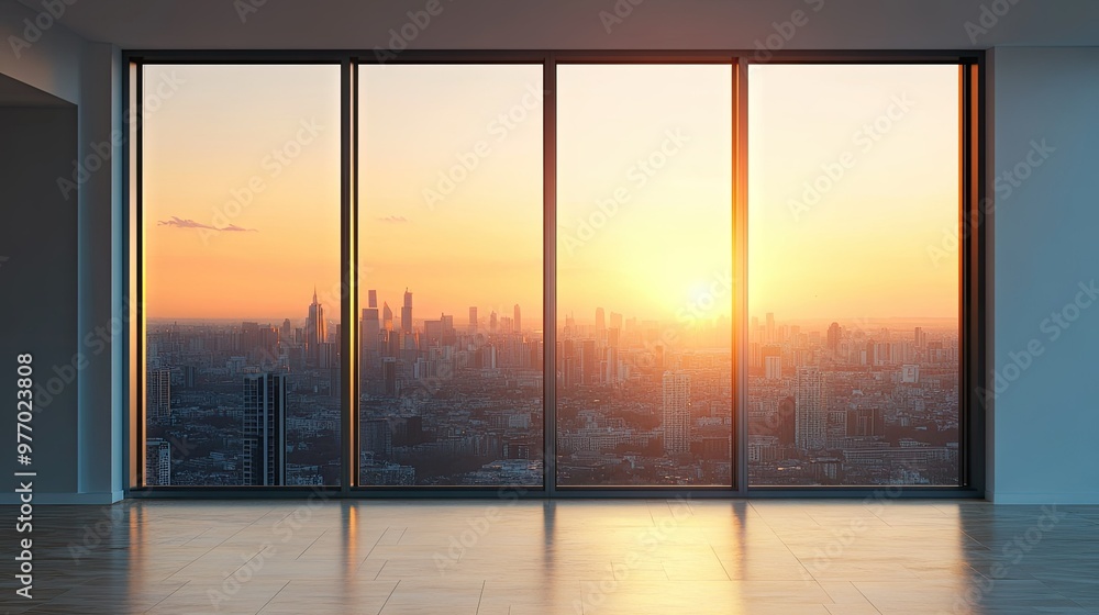 Fototapeta premium A clean, sleek aluminum window frame in a modern apartment, offering a view of the city skyline at sunset, with warm light reflecting off the glass.