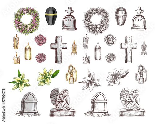 Hand drawn set for  Funeral service.  Vector illustration. Attributes and symbols of condolence, loss, dead, bereavement and cemetry. Sketch of vintage stone angel, tombstone, urn, cross