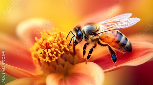 A close-up of a bee collecting nectar from a vibrant flower, showcasing nature's beauty and the importance of pollinators. photo