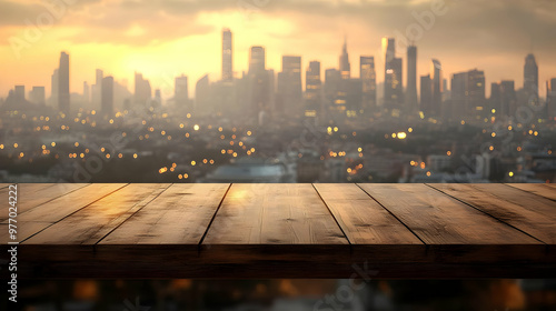 Empty wooden table with blu...