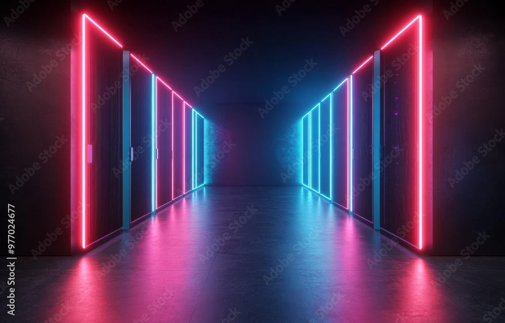 The data center has racks of servers and the IT department has rows of supercomputers. 3D concept illustration showing information technology, cyber network, hosting, data backup, render farm, and The data center has racks of servers and the IT department has rows of supercomputers. 3D concept illustration showing information technology, cyber network, hosting, data backup, render farm, and
